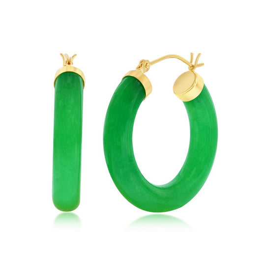 14K Yellow Gold, 25mm Hoop Jade Earrings