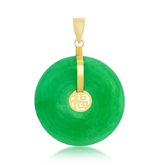 14K Yellow Gold, Jade 22mm Round 'Good Luck' Pendant