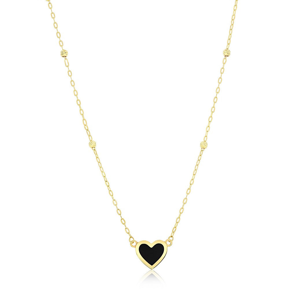 14K Yellow Gold, Onyx Heart & D-C Bead Necklace