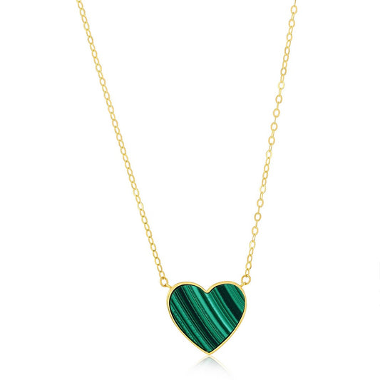 14K Yellow Gold, Malachite Heart Necklace