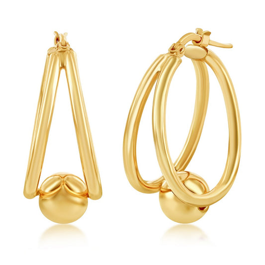 Sterling Silver Double Oval with 8mm Bead Earrings - Gold Plated