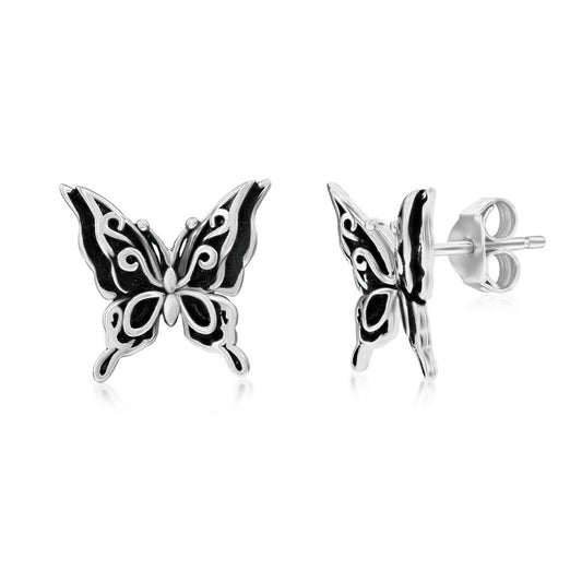 Sterling Silver Oxidized Butterfly Stud Earrings