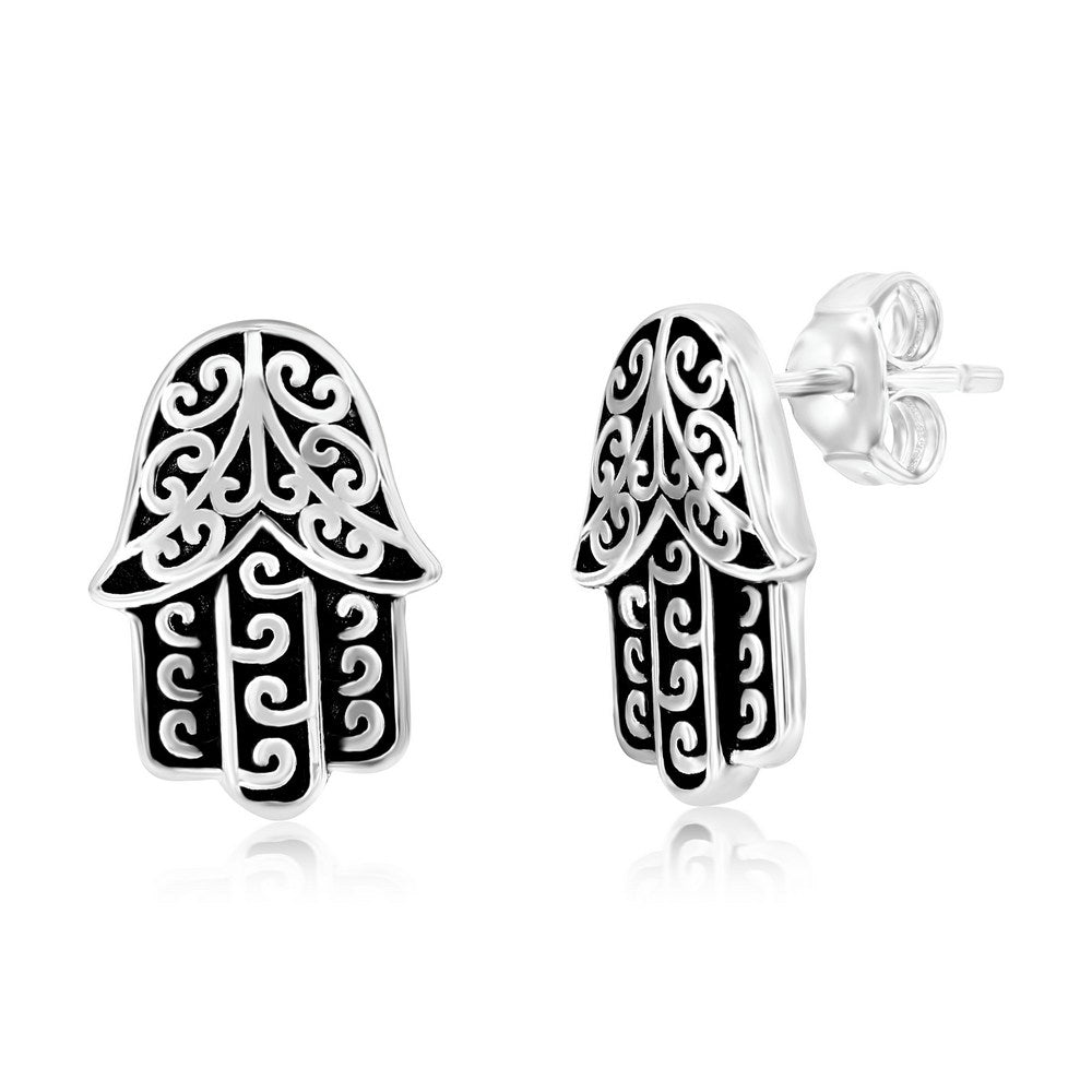 Sterling Silver Oxidized Hamsa Studs