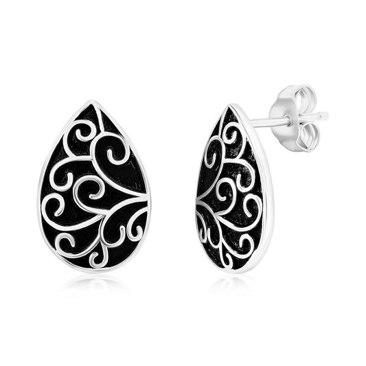 Sterling Silver Oxidized Pearshaped Filigree Design Stud Earrings