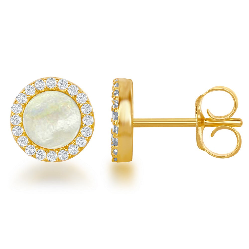 Sterling Silver CZ MOP Round Stud Earrings - Gold Plated