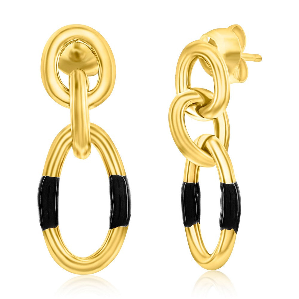 Sterling Silver, Black Enamel Dangle Earrings - Gold Plated