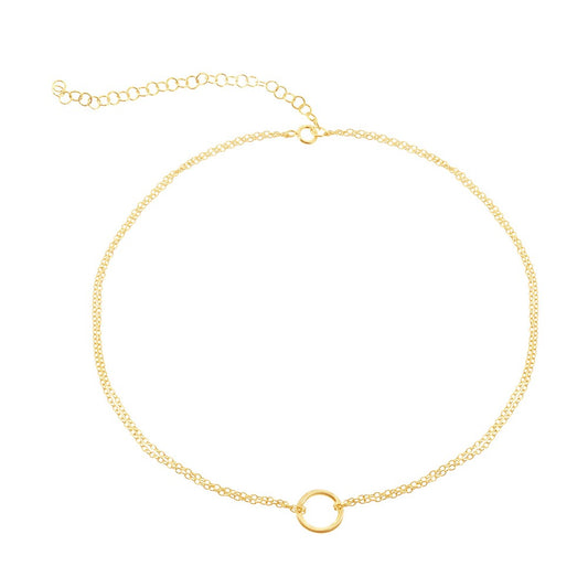 Sterling Silver Double Strand with Center Open Circle Choker - Gold Plated