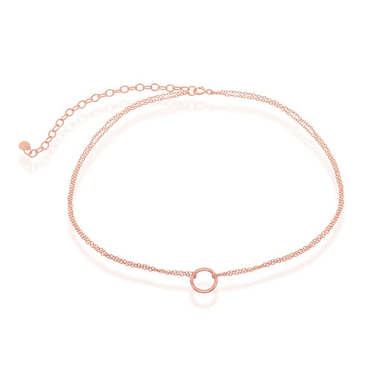 Sterling Silver Double Strand with Center Open Circle Choker - Rose Gold Plated