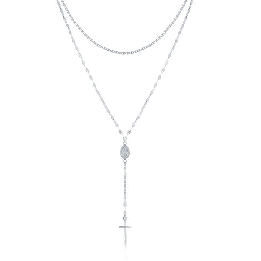 Sterling Silver Layered Flat Mirror and Mariner Rosary Chain - Rhodium Plated