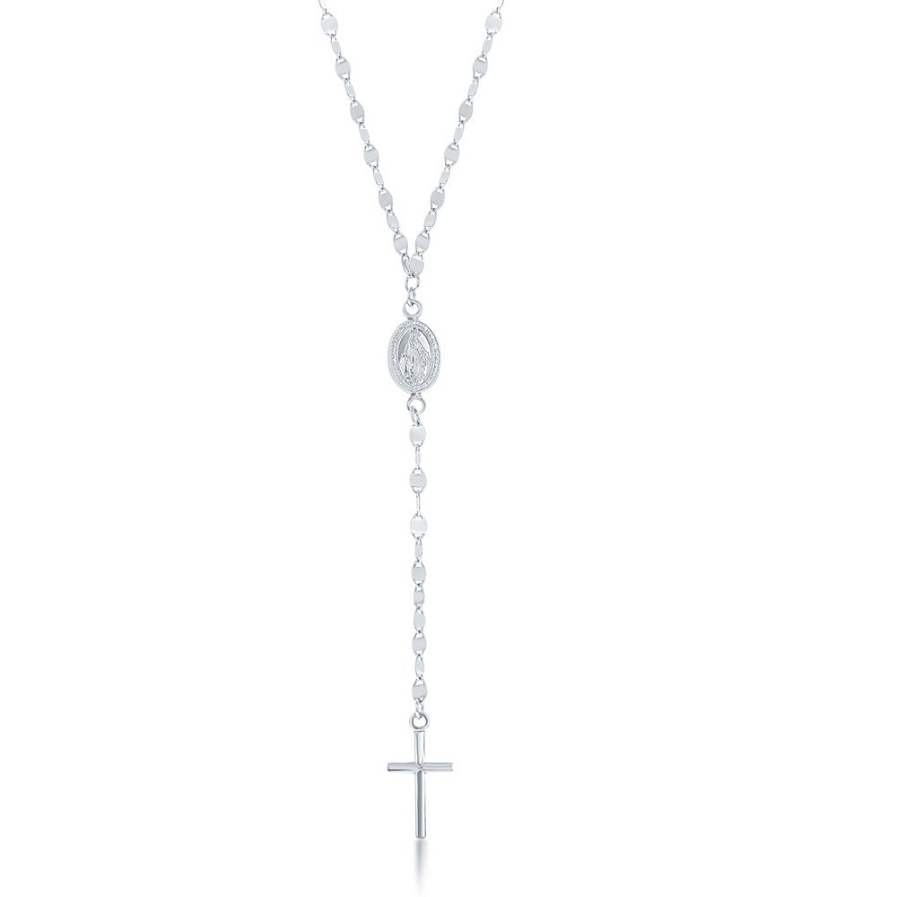 Sterling Silver Layered Flat Mirror and Mariner Rosary Chain - Rhodium Plated