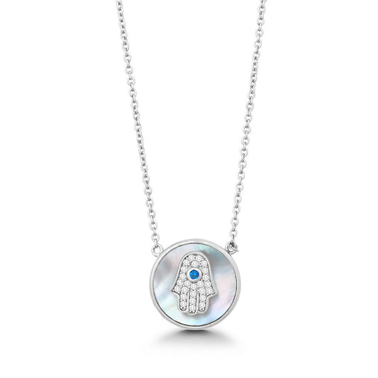 Sterling Silver Round MOP with Center Clear and Blue CZ Evil Eye Necklace