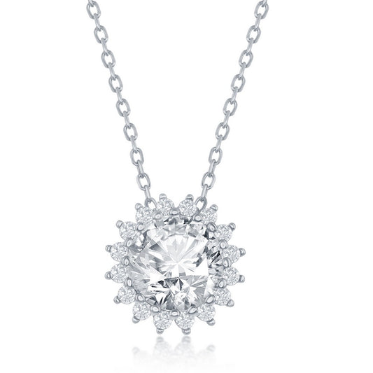 Sterling Silver Round Halo Flower CZ Necklace