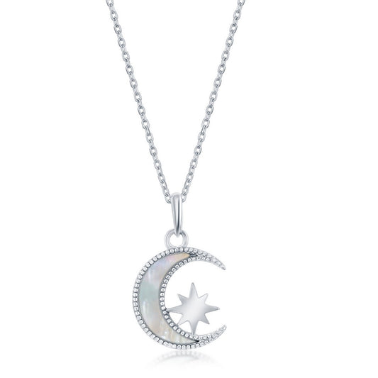 Sterling Silver MOP Crescent Moon with Star Necklace