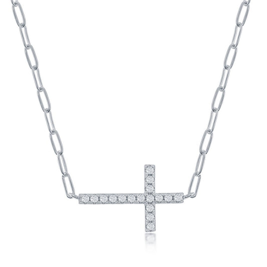 Sterling Silver CZ Sideways Cross Paperclip Necklace