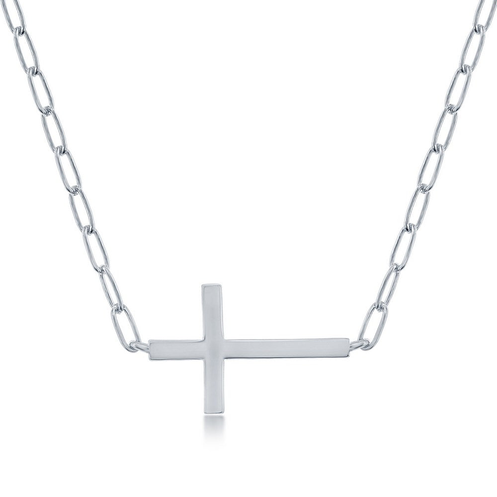 Sterling Silver CZ Sideways Cross Paperclip Necklace