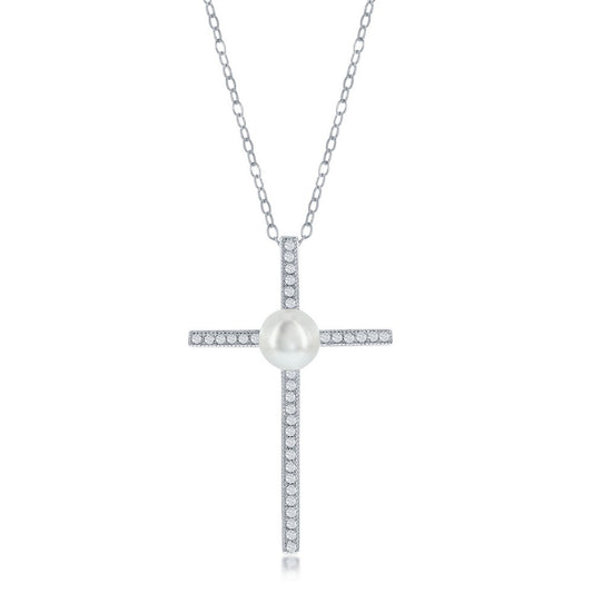 Sterling Silver Pearl & CZ Cross Necklace