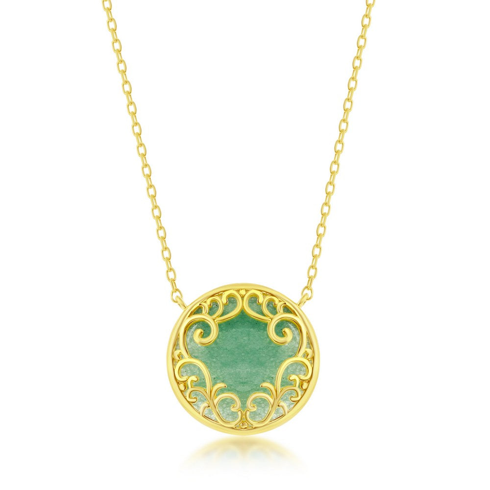 Sterling Silver Round Jade Filigree Design Necklace - Gold Plated