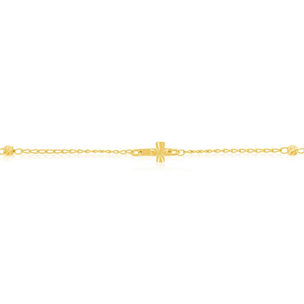 Sterling Silver Diamond Cut Beads with Small Center Cross Anklet - Gold Plated