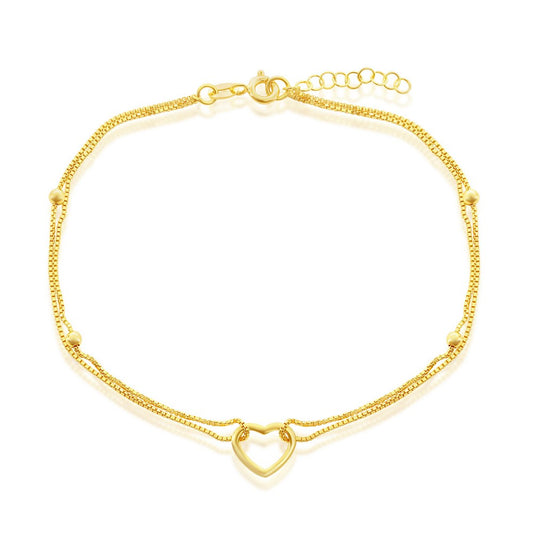 Sterling Silver Double Strand Brought Together W/ Open Heart Anklet - Gold Plated