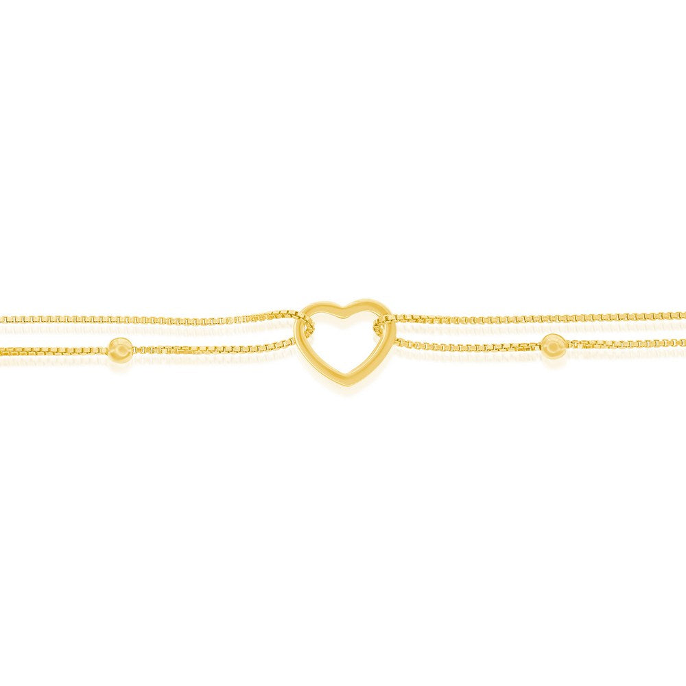 Sterling Silver Double Strand Brought Together W/ Open Heart Anklet - Gold Plated