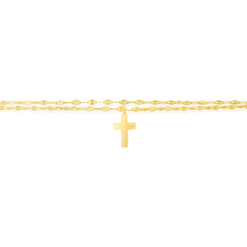 Sterling Silver Double Strand Mirror Chain w/ Cross Charm Anklet - Gold Plated