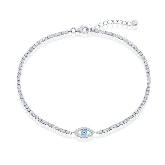 Sterling Silver Evil Eye Enamel CZ Tennis Anklet