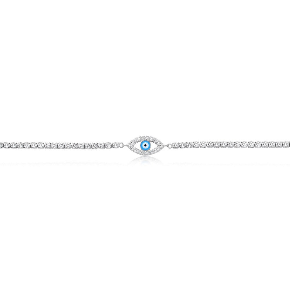 Sterling Silver Evil Eye Enamel CZ Tennis Anklet