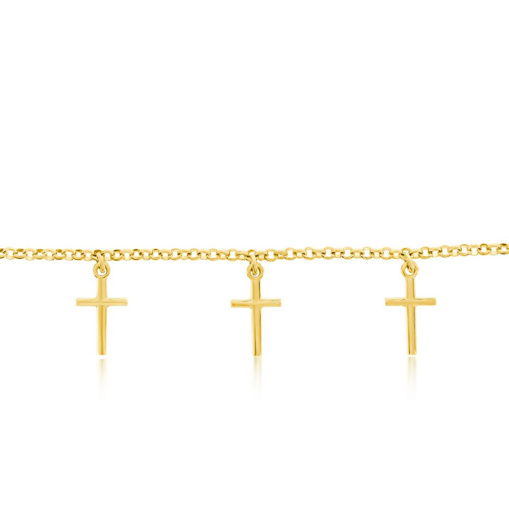 Sterling Silver Cross Charms Rolo Chain Anklet - Gold Plated