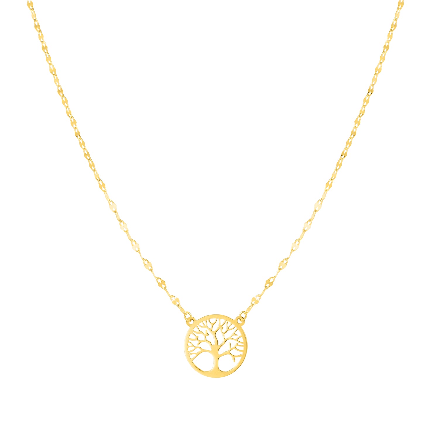 14K Gold Tree of Life on Mirror Chain Necklace