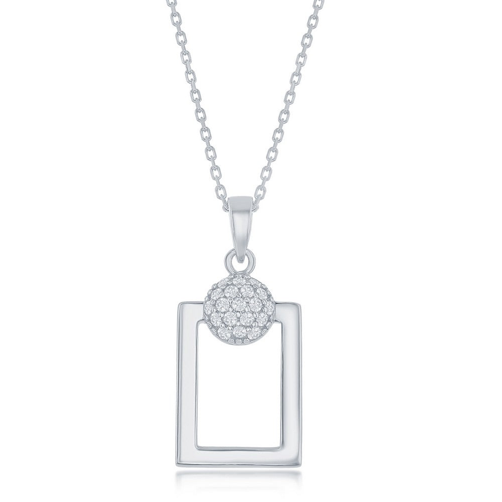 Sterling Silver Round Micro Pave CZ Open Rectangle Pendant & Earrings Set W/Chain