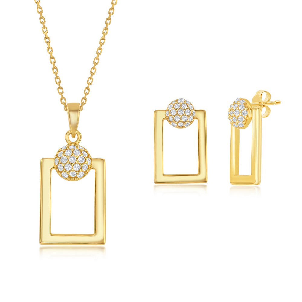 Sterling Silver Round Micro Pave CZ Open Rectangle Pendant & Earrings Set W/Chain - Gold Plated