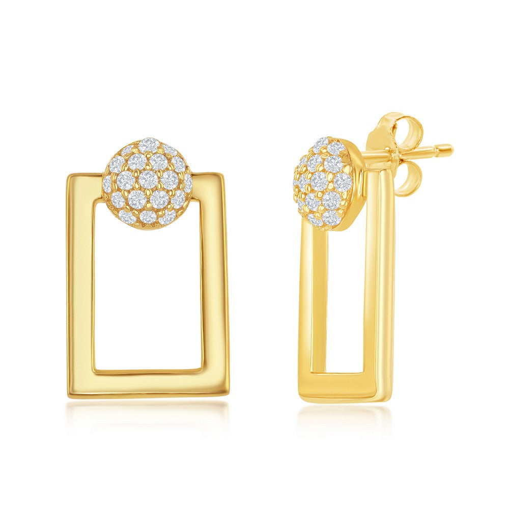 Sterling Silver Round Micro Pave CZ Open Rectangle Pendant & Earrings Set W/Chain - Gold Plated