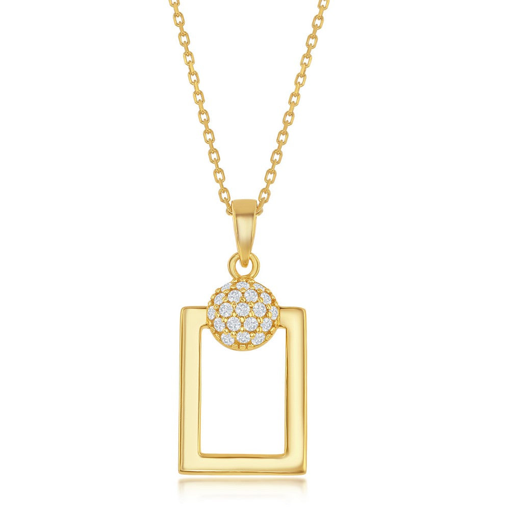 Sterling Silver Round Micro Pave CZ Open Rectangle Pendant & Earrings Set W/Chain - Gold Plated