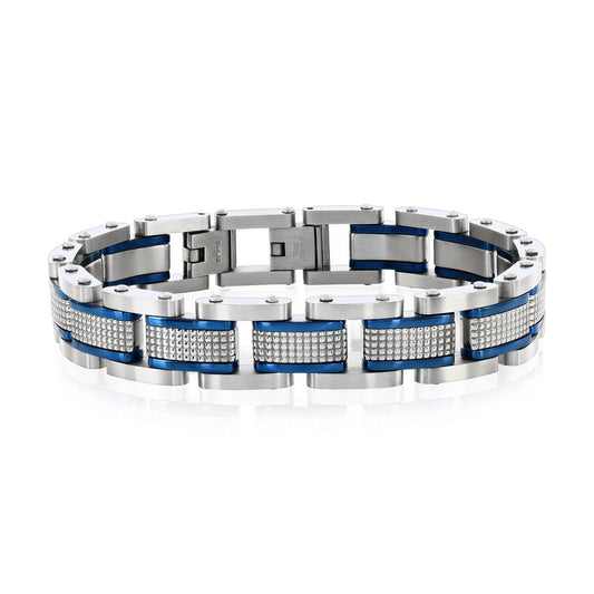 Stainless Steel Textured Link Bracelet - Blue and Silver