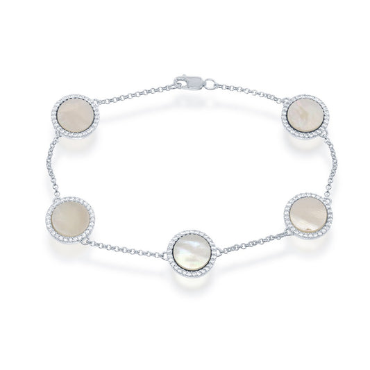 Sterling Silver Round MOP with CZ Border Bracelet