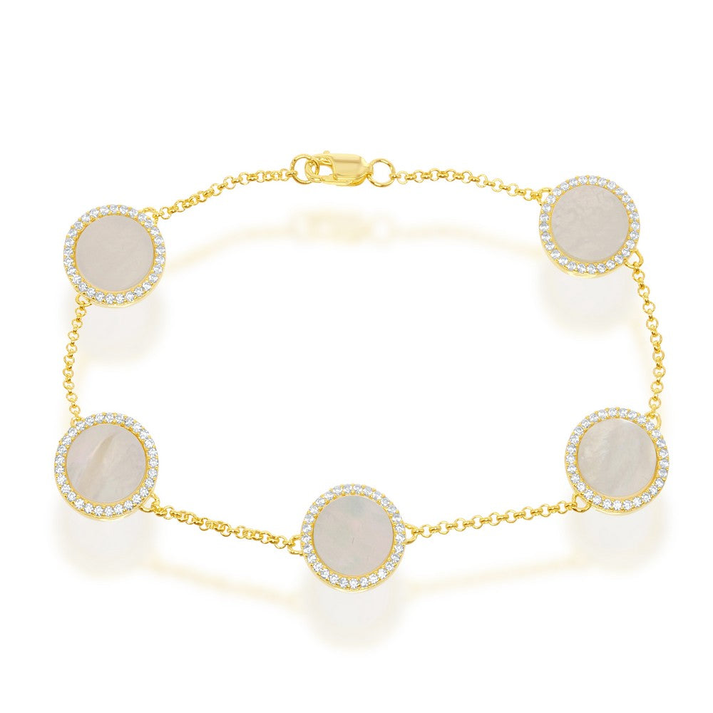 Sterling Silver Round MOP with CZ Border Bracelet - Gold Plated