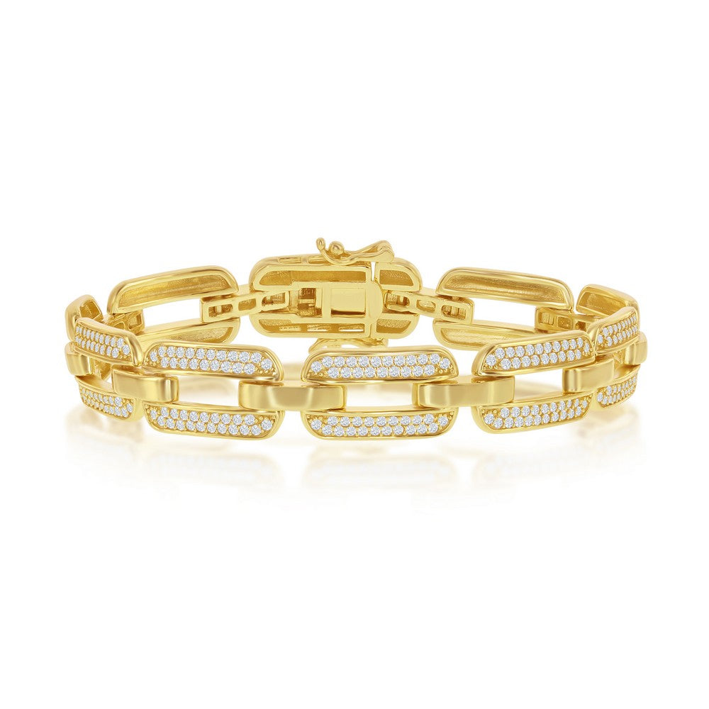 Sterling Silver Wide CZ Linked Bracelet - Gold Plated