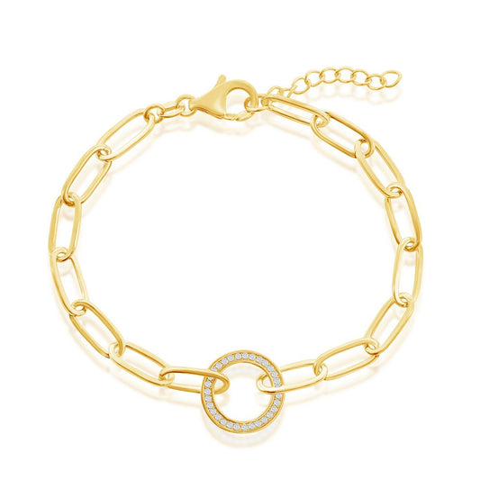 Sterling Silver CZ Circle Paperclip Bracelet - Gold Plated