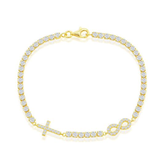 Sterling Silver Infinity & Cross Tennis Bracelet - Gold Plated