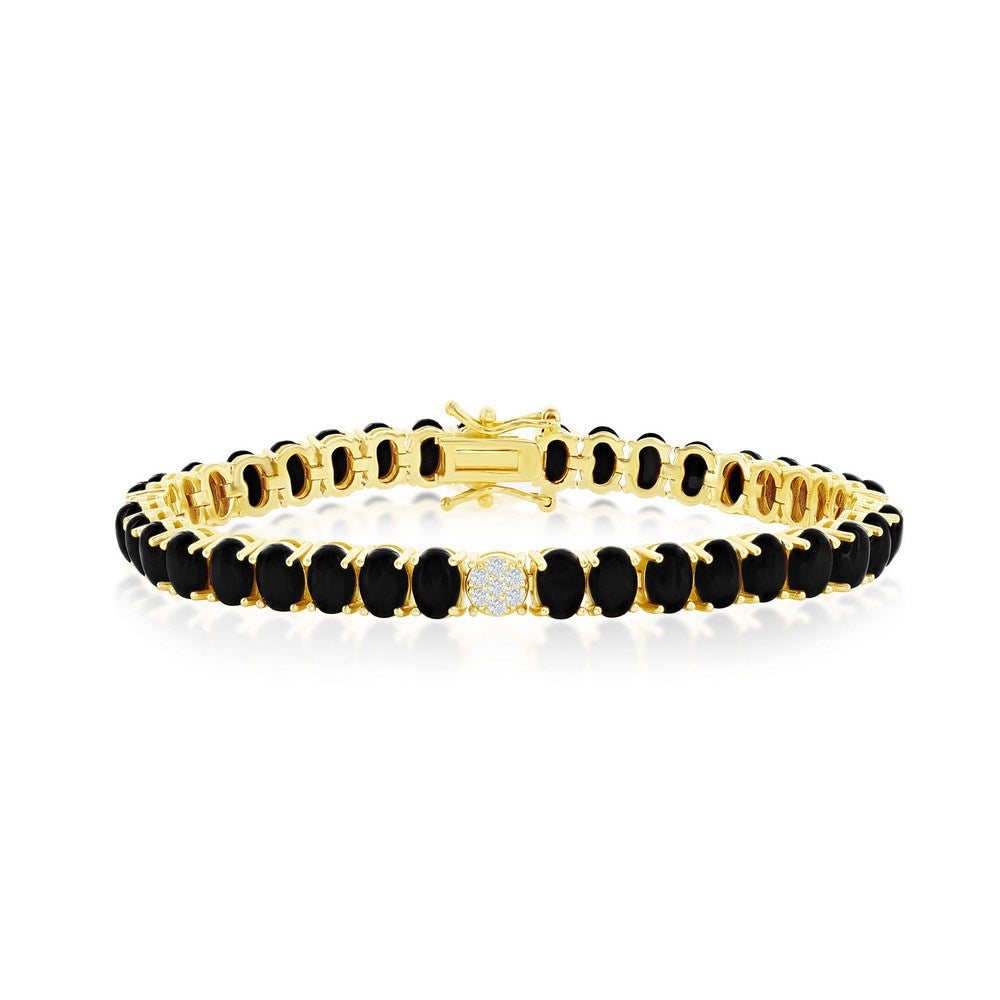 Sterling Silver Oval Onyx & CZ Tennis Bracelet - Gold Plated