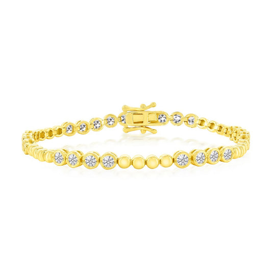 Sterling Silver Round Bezel-Set CZ & 3mm Bead Bracelet - Gold Plated