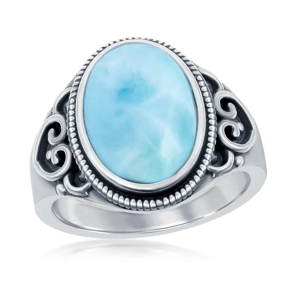 Sterling Silver Oval Larimar Filigree Desgin Oxidized Ring