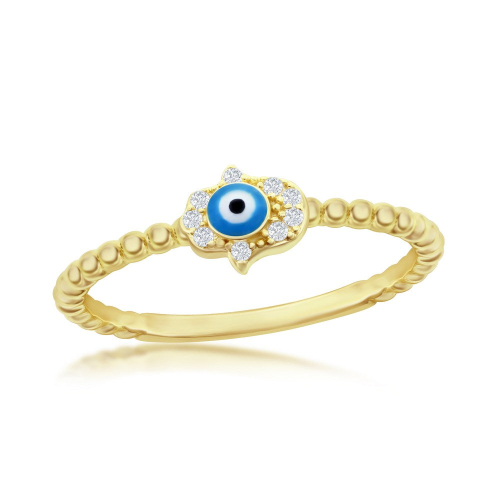 Sterling Silver Enamel Evil Eye CZ Hamsa Beaded Ring - Gold Plated