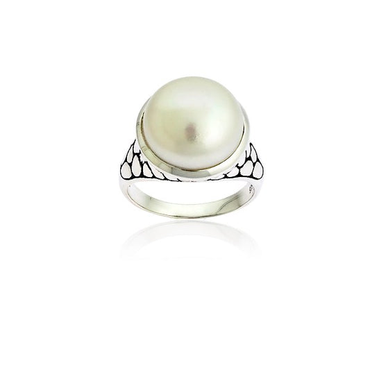 Sterling Silver Pebble Look w/ Large Center Pearl Ring