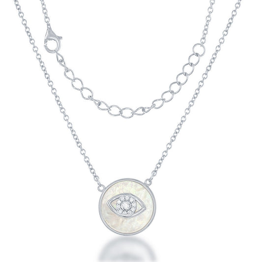 Sterling Silver Round MOP with Center CZ Evil Eye Necklace